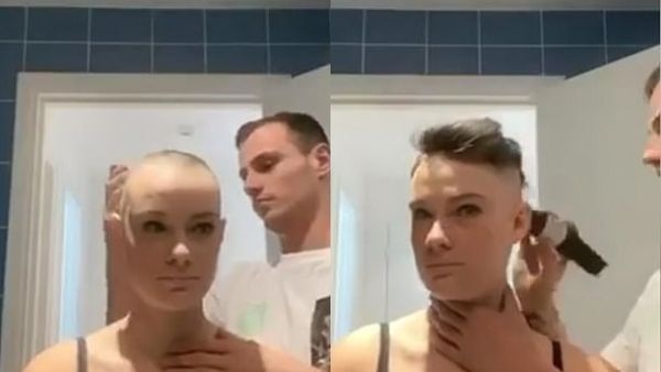 Eva Barilaro, from Monaco, has alopecia and asked her firefighter boyfriend Damien Fabre, 26, to shave her head after her hair began falling out in May. (TikTok/Eva Barilaro)