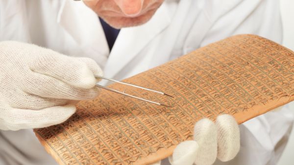 Scientist exploring ancient type of Akkad empire style cuneiform with tweezers. (Shutterstock/ File Photo)