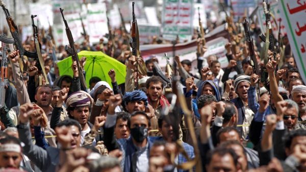 Yemeni supporters of the Huthi rebels chant slogans during a rally commemorating the tenth day of the month of Muharram which marks the peak of Ashura, in the Yemeni capital Sanaa on August 30, 2020. MOHAMMED HUWAIS / AFP