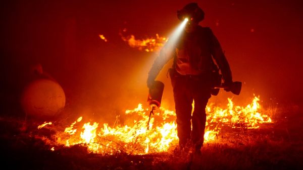 Firefighters cut defensive lines and light backfires to protect structures behind a CalFire fire station during the Bear fire, part of the North Lightning Complex fires in the Berry Creek area of unincorporated Butte County, California on September 9, 2020. JOSH EDELSON / AFP