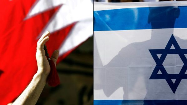 This combination of pictures created on September 11, 2020 shows a Bahraini man waving a national flag (L) in the capital Manama on March 22, 2011, and an Israeli man holding his country's national flag on January 24, 2017. US President and Israel premier announced on September 11, 2020, a normalisation deal between Bahrain and Israel. JACK GUEZ, JOSEPH EID / AFP