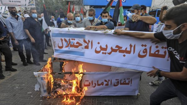 Palestinians protest in Gaza City against Israeli normalisation deals with the United Arab Emirates and Bahrain on September 15, 2020, hours ahead of a signing ceremony at the White House. MAHMUD HAMS / AFP