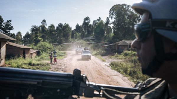 Uruguayan peacekeepers from MONUSCO (The United Nations Organization Stabilization Mission in the Democratic Republic of the Congo) patrol National Road 27 in Ituri province, northeastern Democratic Republic of Congo on September 14, 2020. Along this road, villages and vehicles have been targeted by recurring armed attacks by militiamen. Since the end of 2017, the conflict in Ituri has resulted in several hundred deaths and more than one and a half million displaced persons. Most of the massacres are attrib