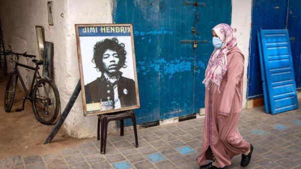 Framed picture of late US guitarist Jimi Hendrix in the Moroccan coastal city of Essaouira. (AFP)