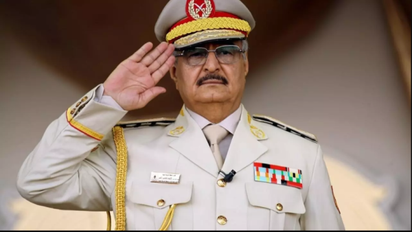 Libyan strongman Khalifa Haftar salutes during a military parade in the eastern city of Benghazi. AFP / Abdullah Doma