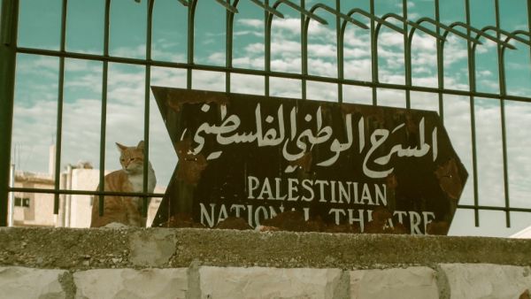 The cat in Old Town Jerusalem is watching tourists from above. Sentence in Hebrew means: Palestinian National Theatre. (Shutterstock/ File Photo)