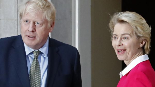 Britain's Prime Minister Boris Johnson (L) greets European Commission President Ursula von der Leyen outside 10 Downing Street in central London. British Prime Minister Boris Johnson and EU chief Ursula von der Leyen on October 3, 2020, asked their negotiators to "work intensively" to overcome differences to secure a post-Brexit free trade deal. Tolga AKMEN / AFP
