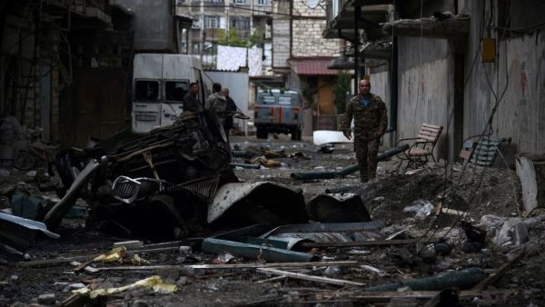 A view shows aftermath of recent shelling during the ongoing fighting between Armenia and Azerbaijan over the breakaway Nagorno-Karabakh region, in the disputed region's main city of Stepanakert on October 4, 2020. Davit Ghahramanyan / NKR Infocenter / AFP