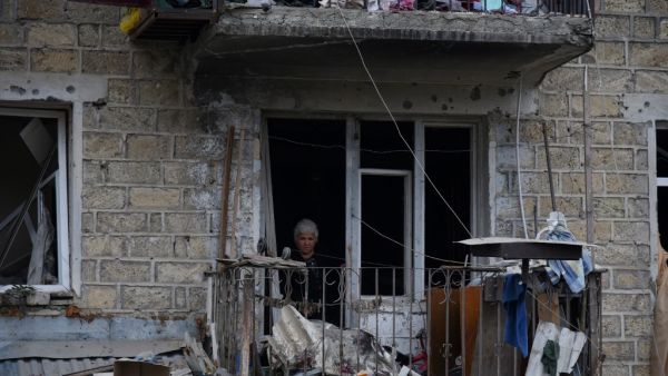 A view shows aftermath of recent shelling during the ongoing fighting between Armenia and Azerbaijan over the breakaway Nagorno-Karabakh region, in the disputed region's main city of Stepanakert on October 4, 2020. Davit Ghahramanyan / NKR Infocenter / AFP