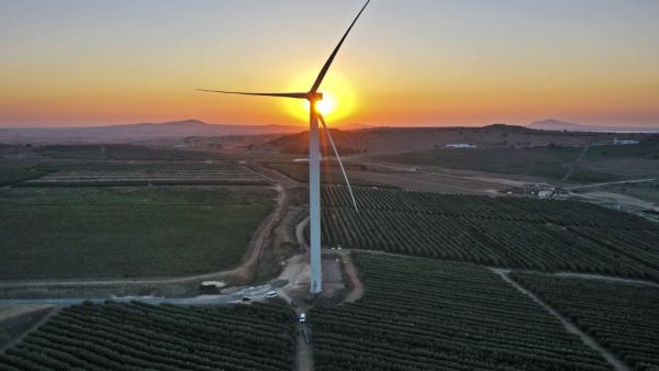 A picture taken on October 5, 2020, shows a wind turbine constructed between vineyards and fruit orchards as part of a wind farm, near El Rom settlement in the Israeli-annexed Golan Heights by the border with Syria. MENAHEM KAHANA / AFP