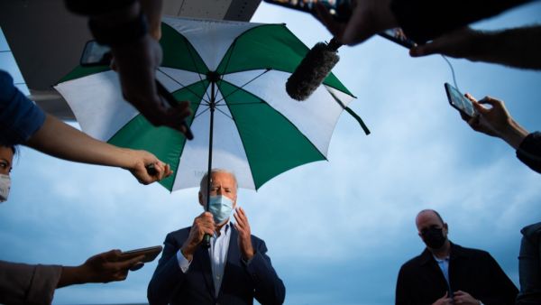 Democratic presidential nominee and former Vice President Joe Biden speaks to the press at the Erie International Airport in Erie, Pennsylvania before returning to Delaware on October 10, 2020. ROBERTO SCHMIDT / AFP