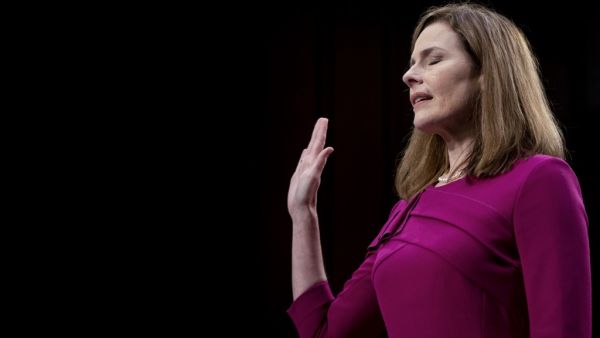 Supreme Court nominee Judge Amy Coney Barrett is sworn into her Senate Judiciary Committee confirmation hearing on Capitol Hill on October 12, 2020 in Washington, DC. Alex Edelman / POOL / AFP