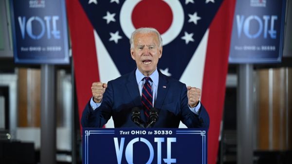 Democratic Presidential candidate and former Vice President Joe Biden delivers remarks at a voter mobilization event in Cincinnati, Ohio, on October 12, 2020, where he will speak to the importance of Ohioans making their voices heard this election. JIM WATSON / AFP