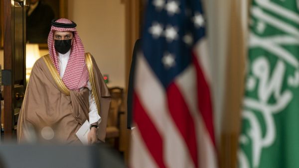 Saudi Minister of Foreign Affairs Prince Faisal bin Farhan Al Saud walks with Secretary of State Mike Pompeo, towards the Treaty Room at the State Department, October 14, 2020, in Washington, DC. US Secretary of State Mike Pompeo on October 14, 2020 encouraged Saudi Arabia to recognize Israel, in what would be a massive boost for the Jewish state amid normalization by two other Gulf Arab kingdoms. Manuel Balce CENETA / POOL / AFP