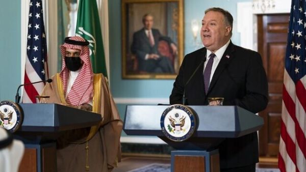 Saudi Foreign Minister Prince Faisal bin Farhan Al Saud (L) listens to US Secretary of State Mike Pompeo speak during their meeting at the State Department in Washington, October 14, 2020. (Manuel Balce Cenata/Pool/AFP)