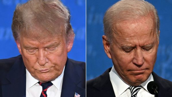 In this file photo taken on September 29, 2020 (FILES) (COMBO) This combination of file pictures shows US President Donald Trump (L) and Democratic Presidential candidate and former US Vice President Joe Biden during the first presidential debate at Case Western Reserve University and Cleveland Clinic in Cleveland, Ohio, on September 29, 2020. The majority of young people in America don't vote. This year, however, in a crucial election between two septuagenarians, experts anticipate that a record number wil
