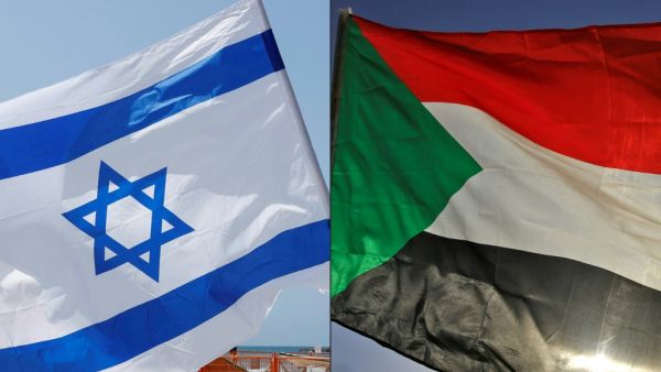 This combination of pictures created on October 23, 2020 shows (L to R) an Israeli flag during a rally in the coastal city of Tel Aviv on September 19, 2020; and a Sudanese flag during a gathering east of the capital Khartoum on June 3, 2020. Sudan and Israel agreed on Otober 23 to normalise relations, in a US-brokered deal to end decades of hostility that was widely welcomed but stirred Palestinian anger. The announcement makes Sudan, technically at war with Israel since its 1948 foundation, the fifth Arab