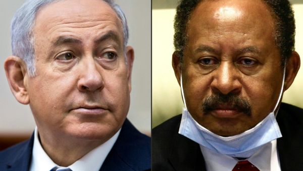 This combination of pictures created on October 24, 2020 shows (L to R) Israeli Prime Minister Benjamin Netanyahu during a cabinet meeting in Jerusalem on July 29, 2018; and Sudan's Prime Minister Abdullah Hamduk during a meeting in the capital Khartoum on July 26, 2020. Sudan and Israel agreed on Otober 23 to normalise relations, in a US-brokered deal to end decades of hostility that was widely welcomed but stirred Palestinian anger. The announcement makes Sudan, technically at war with Israel since its 19