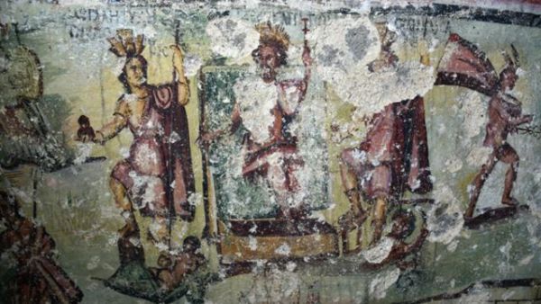 Depicted at the centre of the west wall of the Bait Ras Tomb: Enthroned, Zeus Kapitolios (centre), after whom the city of Capitolias (Bait Ras) was named (Photo courtesy of CNRS)