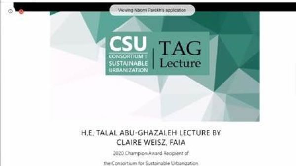خلال افتتاح محاضرة طلال أبوغزاله بعنوان "التفكير الألفي" تأملات في مستقبلنا المصمم"، تم تنظيمها كجزء من احتفال الأمم المتحدة باليوم العالمي للمأوى إشادة عالمية بدور أبوغزاله بصفته الرئيس المؤسس لاتحاد التحضر المستدام