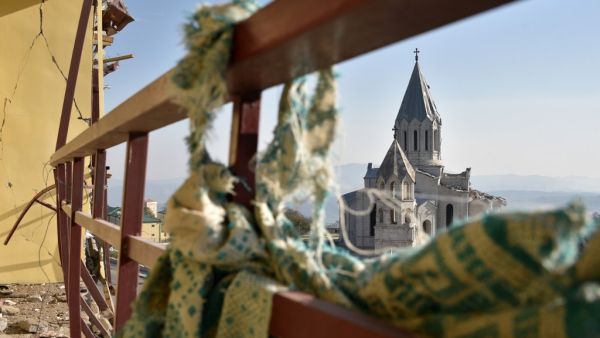A view of the damaged Ghazanchetsots (Holy Saviour) Cathedral in the historic city of Shusha, some 15 kilometers from the disputed Nagorno-Karabakh province's capital Stepanakert, that was hit by a bomb during the fighting between Armenia and Azerbaijan over the breakaway region, on November 1, 2020. Karen MINASYAN / AFP