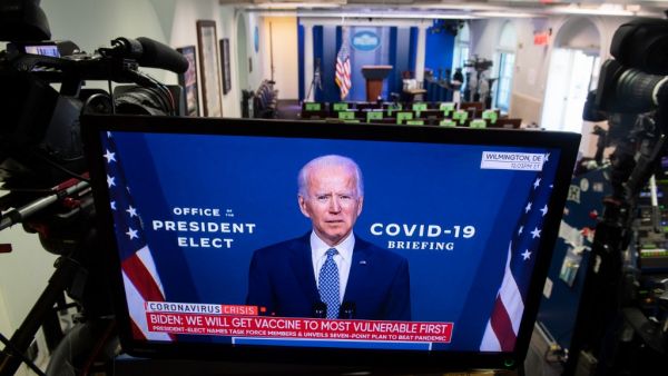 US President-elect Joe Biden leaves The Queen theater in Wilmington, Delaware, on November 9, 2020. President Donald Trump was still refusing to concede his election loss November 9, 2020, but Democrat Joe Biden plowed ahead anyway with the first meeting of a parallel coronavirus task force, initiating an awkward and potentially volatile transition period. Angela Weiss / AFP