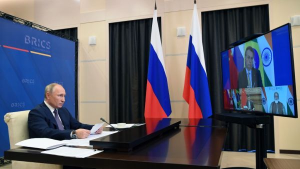 Russian President Vladimir Putin attends the XII BRICS Summit via videoconference at Novo-Ogaryovo state residence, outside Moscow, on November 17, 2020. Alexey NIKOLSKY / SPUTNIK / AFP