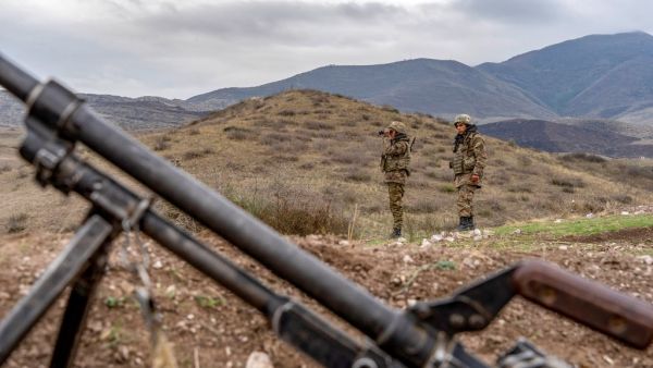 Armenian soldiers patrol at the check point nearby a demarcation line outside Askeran on November 21, 2020, as Armenia and Azerbaijan agreed a Russian-brokered ceasefire on November 9 ending six weeks of fighting in the self-proclaimed republic. AFP