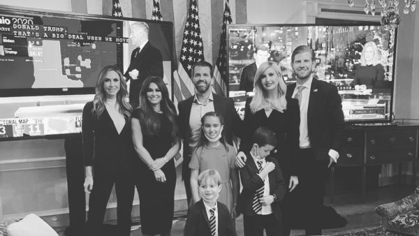 Donald Trump's family and special guests trickled into the White House Tuesday evening for a glamorous election viewing party as they wait for the big announcement. Donald Trump Jr shared an Instagram snap of the elaborate viewing party posing with his siblings Eric and Ivanka Trump and their children saying: 'In the game. Let's do this.' (Instagram)
