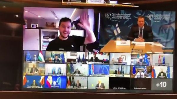 He waved enthusiastically and was clearly shocked as the EU foreign policy chief Josep Borrell asked him how he was. He said: 'Hi, I'm fine, how are you?' (Twitter)