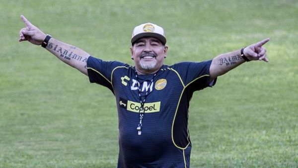 In this file photo taken on September 10, 2018 Argentine legend Diego Maradona gestures during his first training session as coach of Mexican football club Dorados, at the Banorte stadium in Culiacan, Sinaloa State, Mexico. (AFP/ Pedro Pardo)