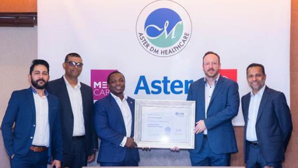 Mr T J Wilson, Executive Director & Group Head Governance & Corporate Affairs and Mr Anthony Petit, Group Chief Procurement Officer of Aster DM Healthcare receive the certificate from Mr Sam Achampong, Head - CIPS MENA, in the presence of Mr Ravinder Sharma, Head - Strategic Sourcing, Procurement and Mr Raman Nathani, Senior Manager - Pharmaceuticals, Procurement of Aster DM Healthcare Aster DM Healthcare certified best in class for ethical procurement by CIPS