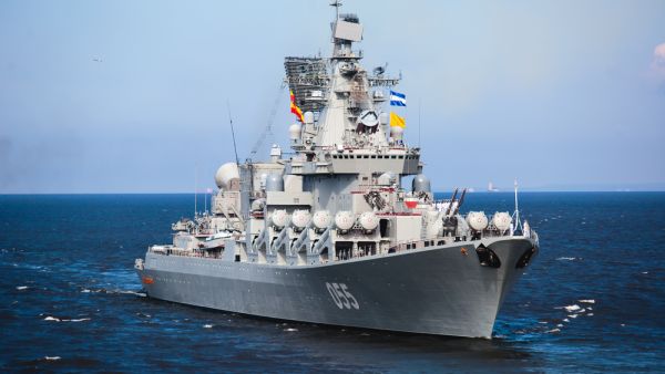 A line of modern russian military naval battleships warships in the row, northern fleet and baltic sea fleet in the open sea. (Shutterstock/ File Photo)