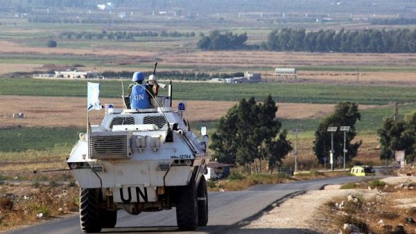 Vehicles belonging to UN peacekeepers drive along a road along the Israel-Lebanon border near the southern Lebanese town of Kfar Kila on September 1, 2019. (Ali Dia/AFP)