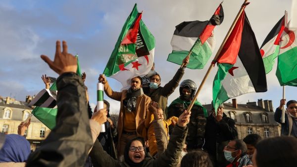Supporters of Western Sahara's independence hold Western Sahara and Algerian flags during a demonstration, in Bordeaux, southwestern France on December 12, 2020. Algeria, Morocco's neighbour and regional rival, is the key foreign backer of the Polisario Front, which has campaigned for independence for Western Sahara since the 1970s. thibaud MORITZ / AFP Supporters of Western Sahara's independence hold Western Sahara and Algerian flags during a demonstration, in Bordeaux, southwestern France on December 12, 2020. Algeria, Morocco's neighbour and regional rival, is the key foreign backer of the Polisario Front, which has campaigned for independence for Western Sahara since the 1970s. thibaud MORITZ / AFP