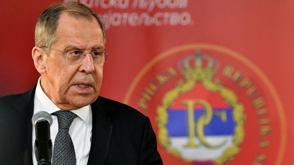 Russian Foreign Minister, Sergey Lavrov addresses journalists after meeting with chairman of Bosnia and Herzegovina's tripartite presidency, Milorad Dodik, in East-Sarajevo, on December 14, 2020. Minister Lavrov arrived in two-day official visit to Bosnia and Herzegovina, where he is scheduled to hold several meetings with country's top officials. ELVIS BARUKCIC / AFP
