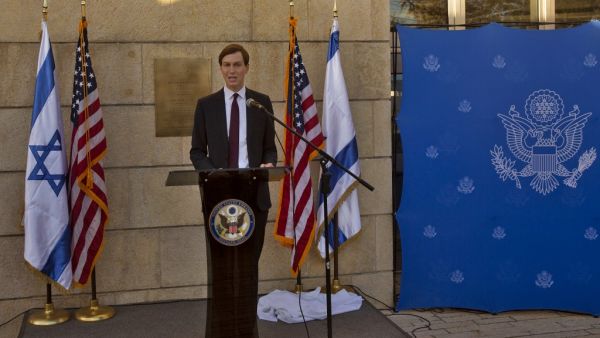 US Presidential Adviser Jared Kushner speaks during the unveiling of a plaque at the embassy grounds in Jerusalem on December 21, 2020. Maya Alleruzzo / POOL / AFP