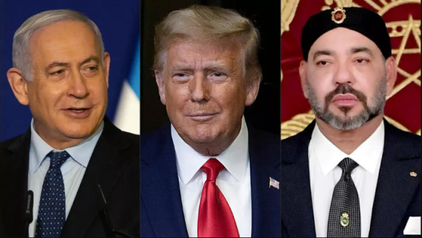 This combination of file pictures created on December 10, 2020 shows Israeli Prime Minister Benjamin Netanyahu (L), US President Donald Trump (C), and Morocco's King Mohammed VI Maya Alleruzzo, TASOS KATOPODIS, Handout POOL/AFP/File