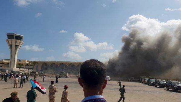 Smoke billows at the Aden Airport on December 30, 2020, after explosions rocked the Yemeni airport shortly after the arrival of a plane carrying members of a new unity government.  AFP