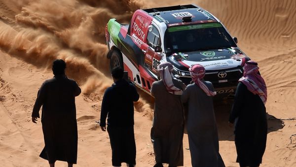 Toyota's driver Yazeed Al Rajhi of Saudi Arabia and co-driver Dirk Von Zitzewitz of Germany compete during the 6th Stage of the Dakar Rally 2021 between Buraydah and Hail, in Saudi Arabia, on January 8, 2021. FRANCK FIFE / AFP