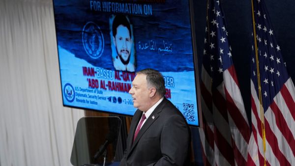 US Secretary of State Mike Pompeo speaks at the National Press Club in Washington,DC on January 12, 2021. US Secretary of State Mike Pompeo alleged Tuesday that arch-enemy Iran has become a new "home base" for Al-Qaeda worse than Afghanistan, an assertion questioned by experts. Andrew Harnik / POOL / AFP