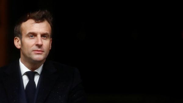 French President Emmanuel Macron delivers his speech to the French frigate Bretagne during the New Year wishes to the military forces in Brest, on January 19, 2021. STEPHANE MAHE / POOL / AFP