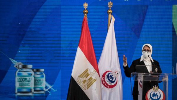 Egyptian Health Minister Hala Zayed gives a press conference, in a tent set up outside the Abou Khalifa hospital, in Ismailia, about 120kms east the capital Cairo, on January 24, 2021. Egypt began its nationwide Covid-19 immunisation program today, with a doctor and a nurse receiving the Chinese-made Sinopharm jab. Khaled DESOUKI / AFP