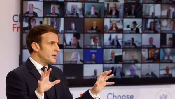 French President Emmanuel Macron delivers a speech at the opening session of the Choose France video-conference meeting from the Elysee Palace in Paris on January 25, 2021. The video-conference gathers a hundred leaders of major foreign groups who were due to attend the Choose France Summit, which was postponed for health reasons.  Ludovic MARIN / POOL / AFP