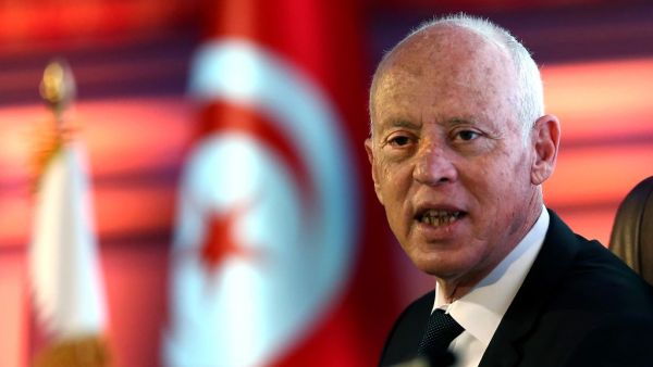 In this file photo taken on November 16, 2020, Tunisian President Kais Saied gives a talk on constitutional law during a state visit to Qatar at an event hosted by Lusail University. Tunisian authorities opened an investigation after a suspicious letter intended for Tunisian President Kais Saied was intercepted, sources close to the presidency said. Karim JAAFAR / AFP