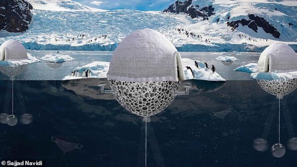An Iranian architect shared a design that protects endangered penguins and stops the melting of polar ice in Antarctica. The concept is a two-part system that uses igloos both above the ground and under the water. (Sajjad Navidi)