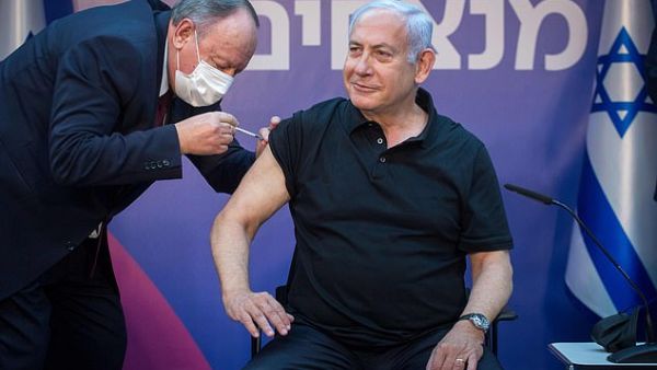 Israeli Prime Minister Benjamin Netanyahu, pictured being given the vaccine on 9 January, pledged to vaccinate every citizen by the end of March. (AFP)