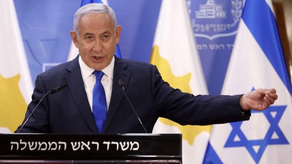 Israeli Prime Minister Benjamin Netanyahu speaks during a joint press statement with the visiting President of Cyprus, after their meeting at the Prime Minister's office in Jerusalem on February 14, 2021. Marc Israel SELLEM / POOL / AFP