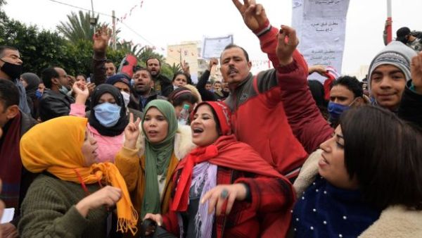 Tunisians gather at Mohamed Bouazizi Square in the central Tunisian town of Sidi Bouzid on December 17th 2020, during commemorations of the 10th anniversary of Bouazizi’s self-immolation which triggered a wave of protests across the North African country. Photograph: Fethi Belaid/AFP via Getty Images