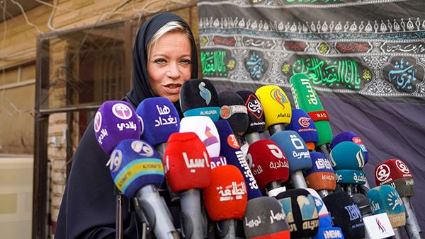 Jeanine Hennis-Plasschaert, head of the United Nations Iraq mission (UNAMI), speaks to the press following a meeting with Grand Ayatollah Ali Sistani on September 13, 2020. (AFP)